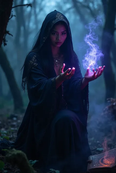 dark art, dramatic atmosphere, beautiful stunning Malay witch, wearing deep neck classic witch robe, mysterious, casting magic, ...