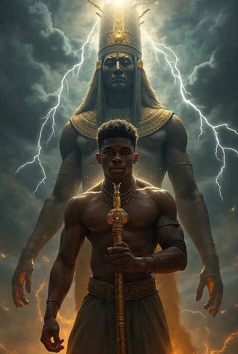 Black young male holding a totem with Ra standing behind him with lightning in the background