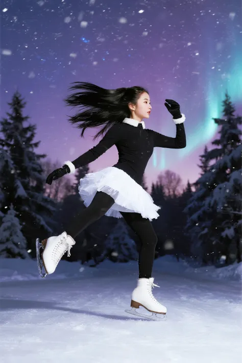 Young ice skater with long and silky black hair, performing an elegant pose on an outdoor ice rink in Antarctica. She wears a ti...