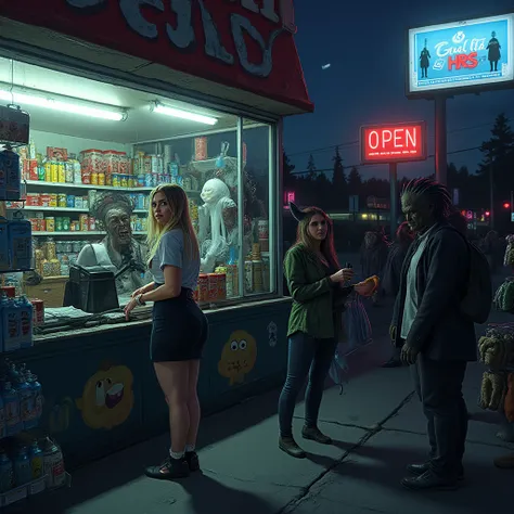 QTCinderella, A dimly-lit convenience store at midnight, its harsh fluorescent lights casting long shadows across aisles stacked...