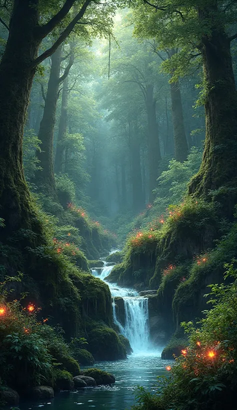An ancient, mystical forest with glowing magical plants and a small waterfall, fantasy art style, richly detailed, ethereal ligh...