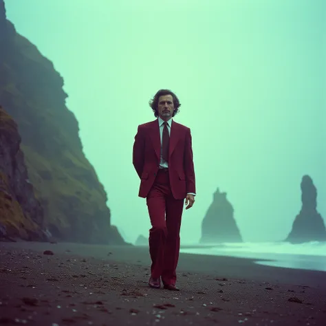 A man in 1970s high fashion attire—wide-lapel burgundy suit with flared trousers—standing straight yet with a subtle torso twist...