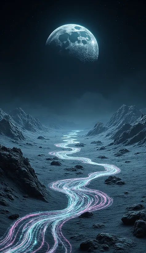dark lunar surface with seismic waves glowing, eerie cosmic vibe