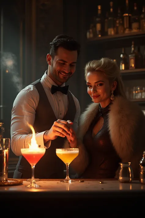 best quality, extremely detailed CG, HD, clear quality, scharfer Fokus, reicher Kontrast, attractive male bartender with leading...