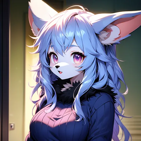 Furry who has a blue sweater,  She turns red , she doesn't really have breasts, black eyes, white ears,Sharp and thin features "...