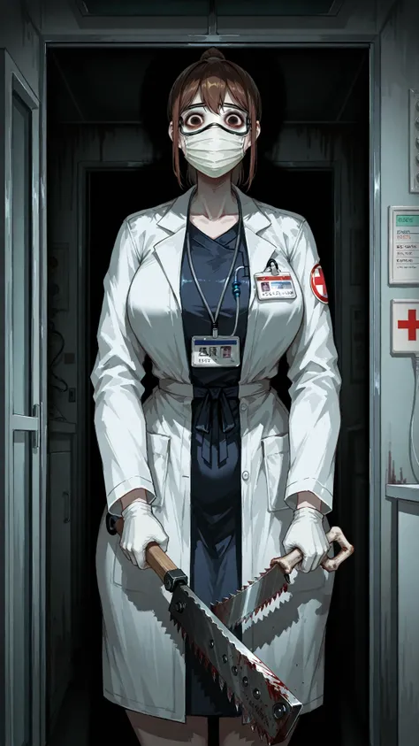 doctor girl, brown ponytail, in creepy clinic, creepy, holding bonesaw, getting closer, dark, creepy, facemask, surgery googles,...