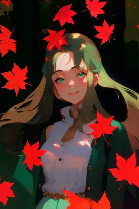 A 18 years old girl holds in hand a large maple leaf in front of her left eye, looking at viewer, shy smile, maple leaves fallin...