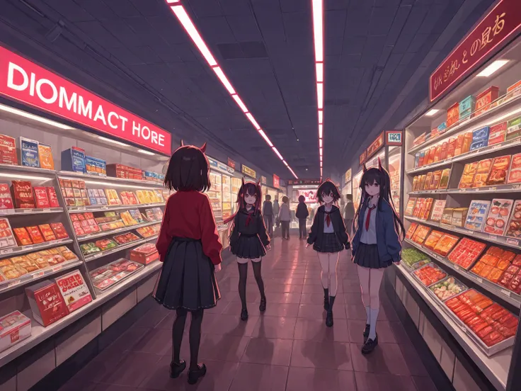 Cute, 748cmstyle, f4nt45t1c, a group of demons and lost souls shopping at a chaotic Hell's Mart in a vibrant cartoon style, mult...