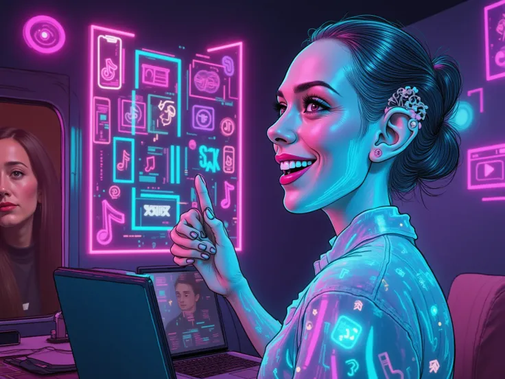 A smirking female hologram made of Instagram and TikTok icons holding a mirror, admiring itself, while a frustrated artist looks...