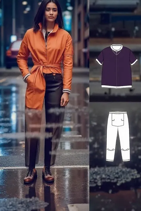 A beautiful young woman in a stylish raincoat standing on a wet city street after rainfall, opening a colorful umbrella, her ref...