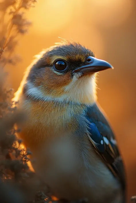 A mesmerizing close-up portrait of a gorgeous little bird illuminated by the soft, golden light of a tranquil morning, with vibr...