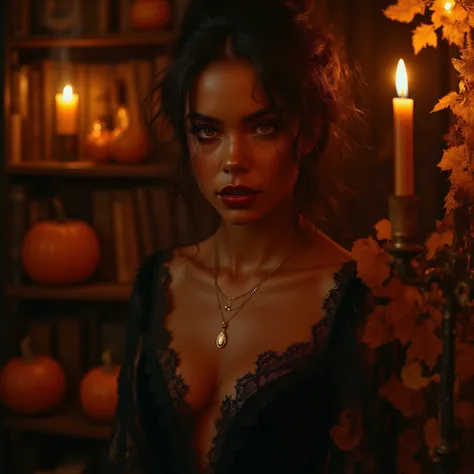 A close-up portrait of a mysterious woman lit by candlelight, her neckline daringly open, framed by a black velvet gown with lac...