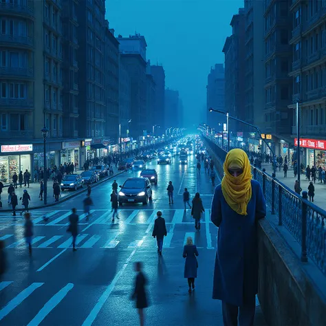 A busy, ordinary city street with apartments, cars, shops—everything typical. People are passing by normally: some are crossing ...