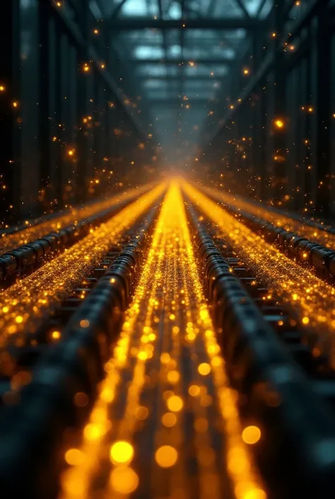 An abstract representation of data flow and video processing, depicted as glowing yellow, energy flows moving through geometric ...
