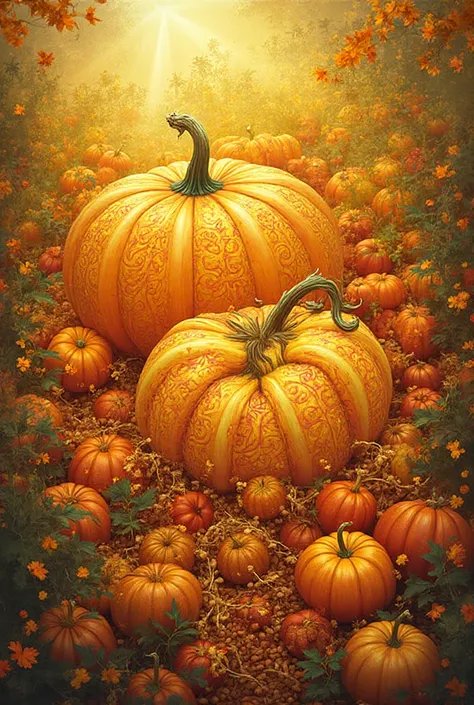 Inscription of Petrykivska Lana, pumpkin seeds on pumpkin field background, colors yellow, orange