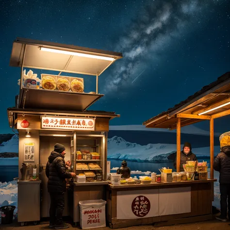 Ramen Stall Running at the End of Antarctica　Late night starry sky　Distant view　Polar Bear Shopkeeper　Penguin Customer