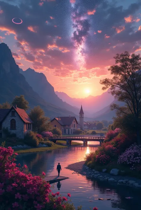 a small village by the river, mountains in the background, floral flowers colorful, detailed landscape, Beautiful natural landsc...