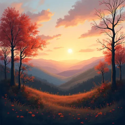 there is a painting of a landscape with trees and hills, 4 k hd illustrative wallpaper, beautiful art uhd 4 k, 4 k hd wallpaper ...