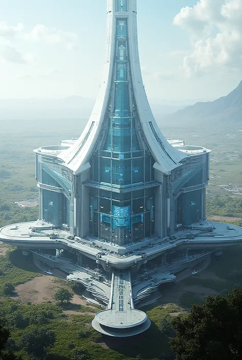 Realistic image from the outside of a very large Pima space with a glass control room in front of it and wings extended towards ...