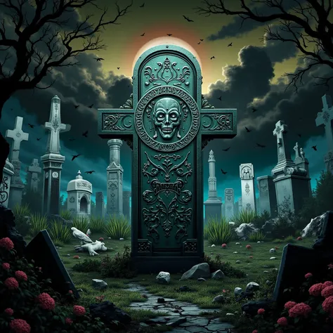 A tombstone in a very creepy and haunted graveyard, haunted realistic theme, photo realistic, album art, colorful art style for ...
