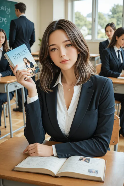 super resolution, masterpieces, RAW photos, Elegant Female Teacher, Modern suit set, Classic colors, Holding a book, Intelligent...