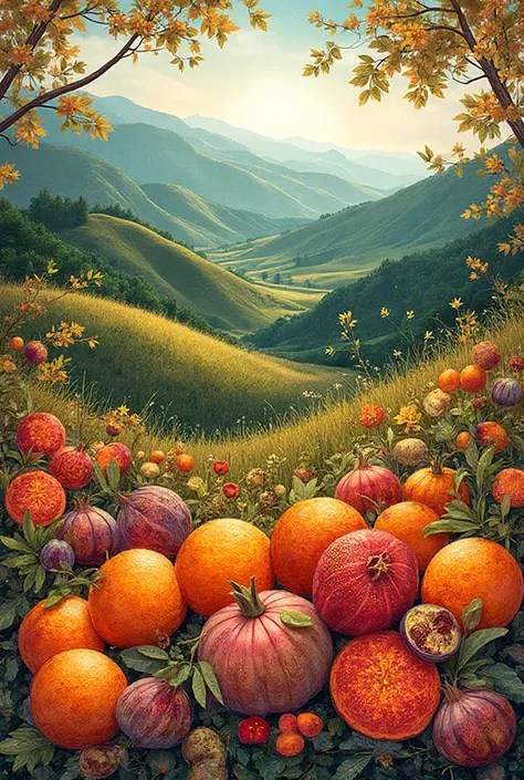 Create a foothill landscape with different fruits made on cold batik