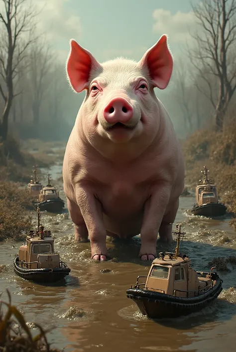 Pig with Netanyahu's face tugboats in the mud