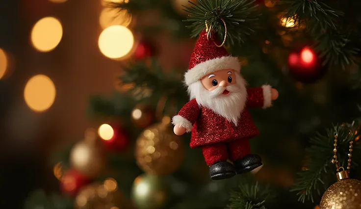 A cozy Christmas scene featuring a beautifully decorated Christmas tree. The focus is on a cute Santa Claus ornament with a red ...