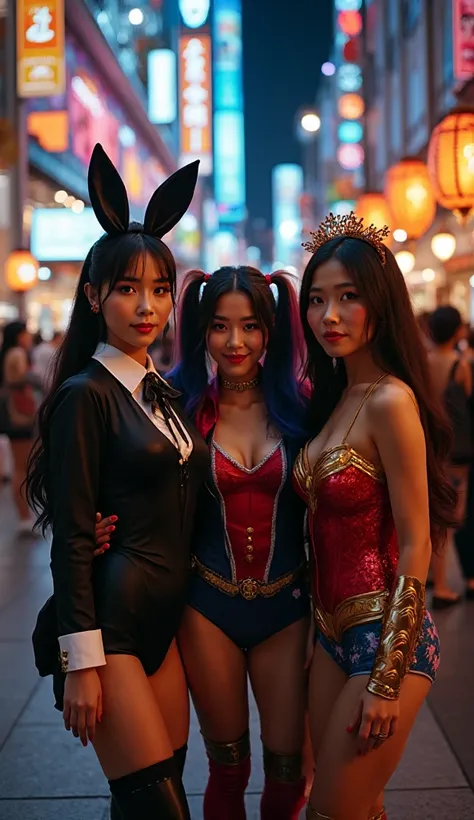 A hyper-realistic Halloween costume party photograph captured during evening with professional DSLR quality, vibrant Tokyo urban...