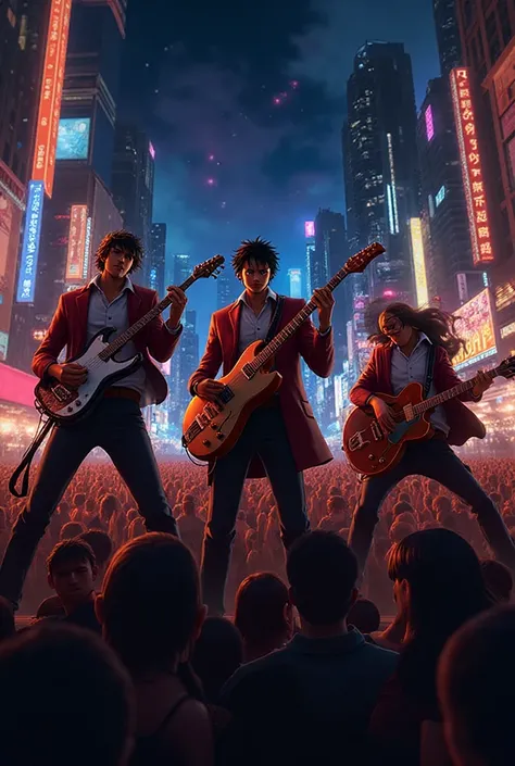 Characters from the anime One Piece, dressed as abstemious teachers, perform on stage as rock singers in a festive night city.