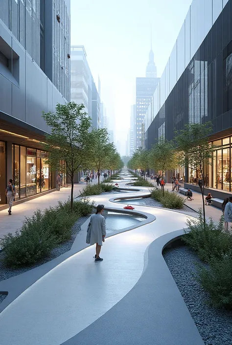 Architectural professional 3D rendering of the design of a very modern local and urban walking path near a large shopping center...