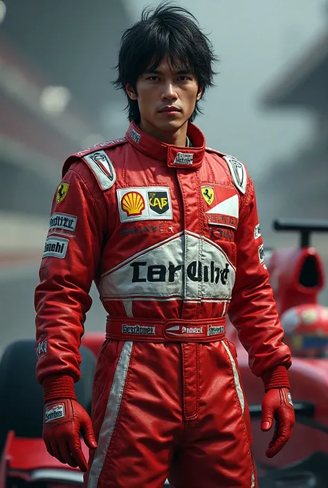 A picture of Himuro Senna standing majestically wearing Ayrton Senna's clothes. There is an F1 car in the back