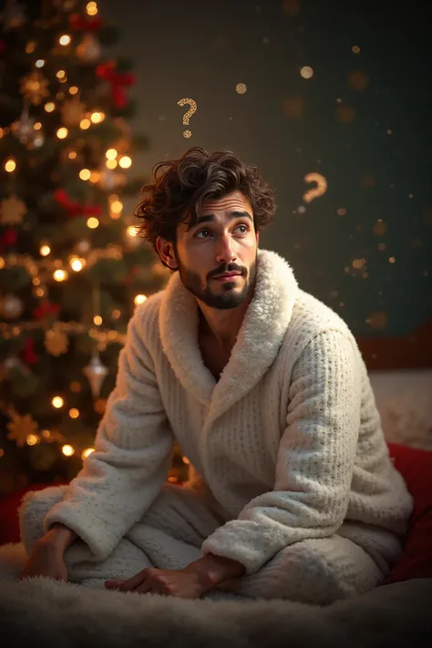 un vrai homme humain en pyjama de noĂ«l blanc assis , avec un point d'interrogation au dessus de sa tĂȘte , en fond il y a un sapi...