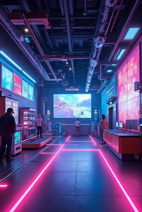 Game room: a virtual reality station, a trampoline floor, a snack dispenser, a giant screen, and a robot DJ.

