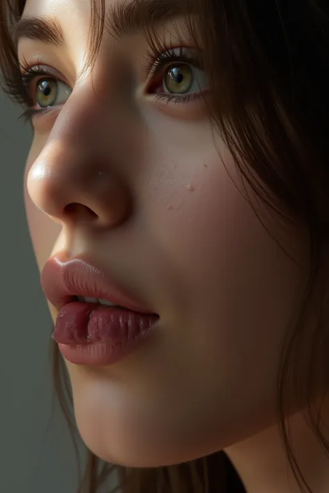 Take a realistic selfie、overflowing with  from her slightly open mouth