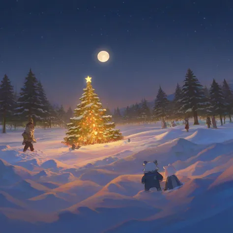 a small chibi boy with white hair, dressed up in a white wolf onesie, posing playfully in a cozy winter landscape, surrounded by...