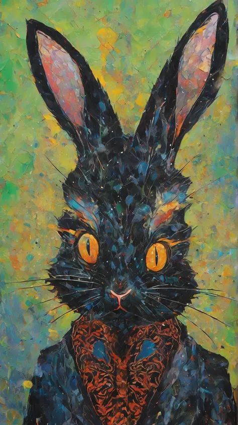 Fantasy portrait of a black rabbit with heterochromia ( blue and amber eyes ) And red inner ears.  coat is black , grainy. backg...