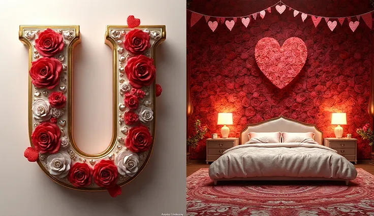 The image is split into two sections, each showcasing intricate designs with a romantic theme. On the left, a three-dimensional ...