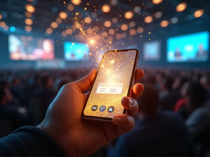 (Close-up of a better masterpiece:1.5A photorealistic, cinematic scene inside a bustling, modern conference hall. A person's han...