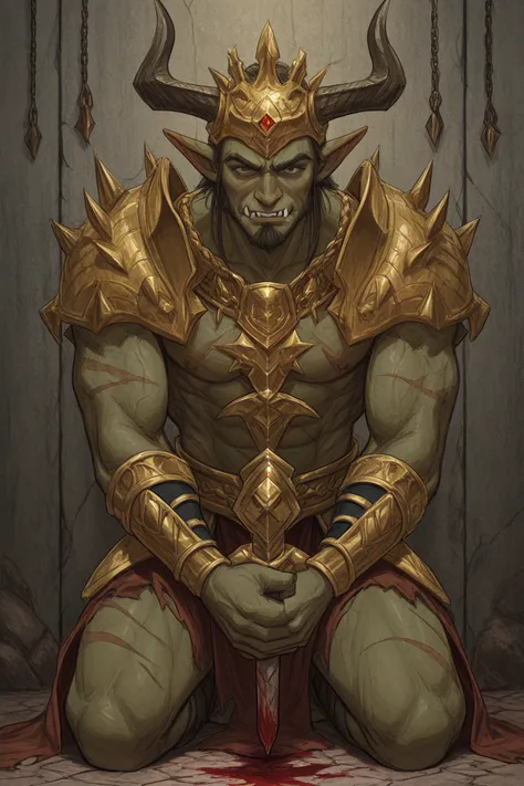 A goblin warrior king on a throne of bones and iron. He is tall and muscular by goblin standards, with dark green skin and battl...