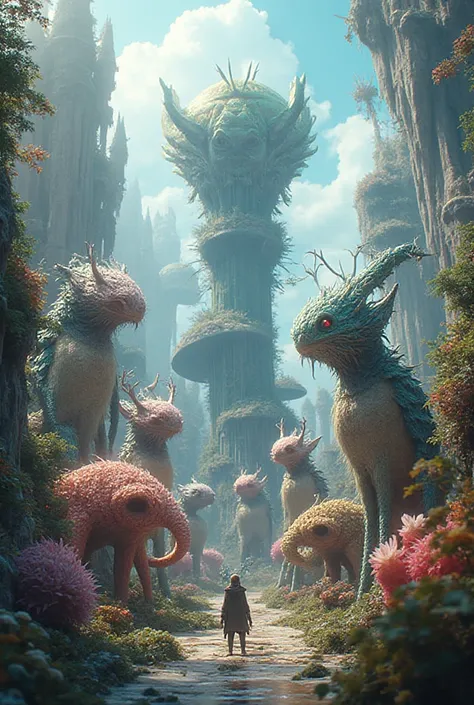 A fantastic group of creatures should be in front of a fantastic place 