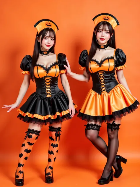 orange and black nurse costume inspired by Halloween motif, (orange nurse cap with pumpkin ornament), orange nurse cap on head w...