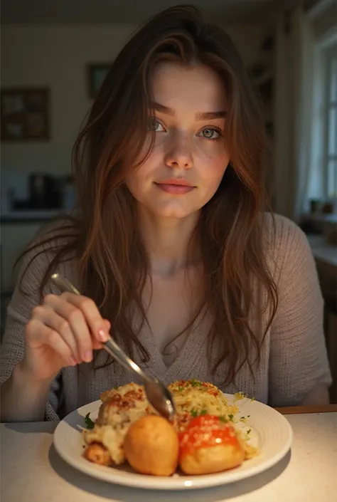 there is a young woman sitting at a table with a plate of food, 18 years old, 1 6 years old, 19-year-old girl, she is about 1 6 ...