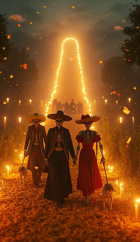 A stunning cinematic scene inspired by Coco's marigold bridge, known as the "Way of the Dead." A majestic, glowing bridge, made ...