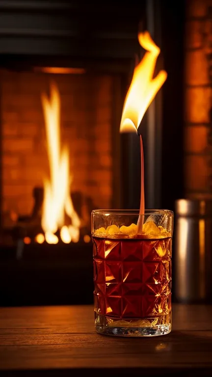 Twilight Bar, A man drinking fiery elf alcohol, Details: A flame is burning in the glass, Interior of a bar, A man with a gentle...
