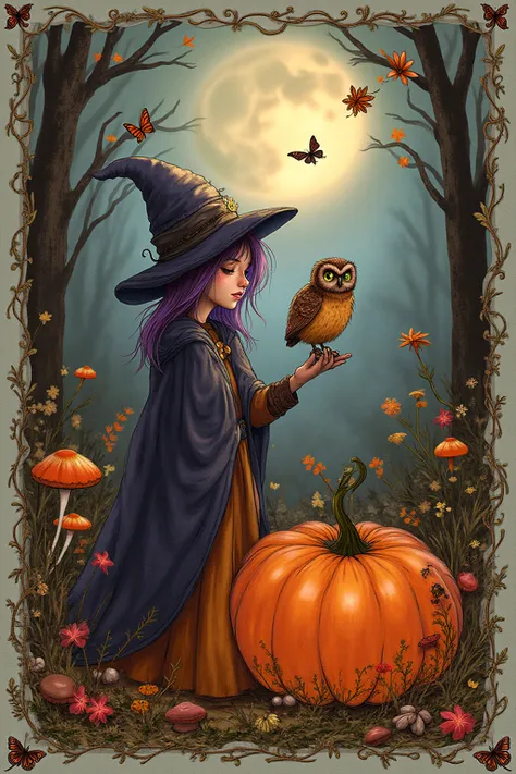  ” Illustrate an enchanted Halloween landscape with a young purple-haired witch, an owl as a companion, and a personalized pumpk...