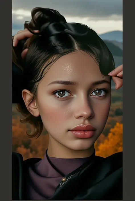 A slender white haired woman sits gracefully on wood enveloped in a dream-like, soft atmosphere. She wears a noble and elegant f...