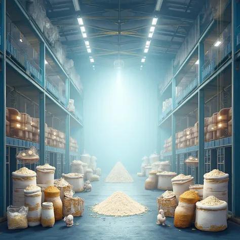 I needed to create a background image representing production lines and warehouses, highlighting various powder bags and contain...