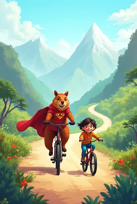 Animated image of a superhero capybara, and a child, against a background of the Bolivian Yungas, using bicycles.