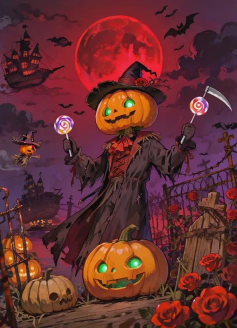 pumpkin head,Halloween,Pumpkin Head Scarecrow Pirate Ship,Ominous clouds,Scary red moon background。foreground red roses and stai...
